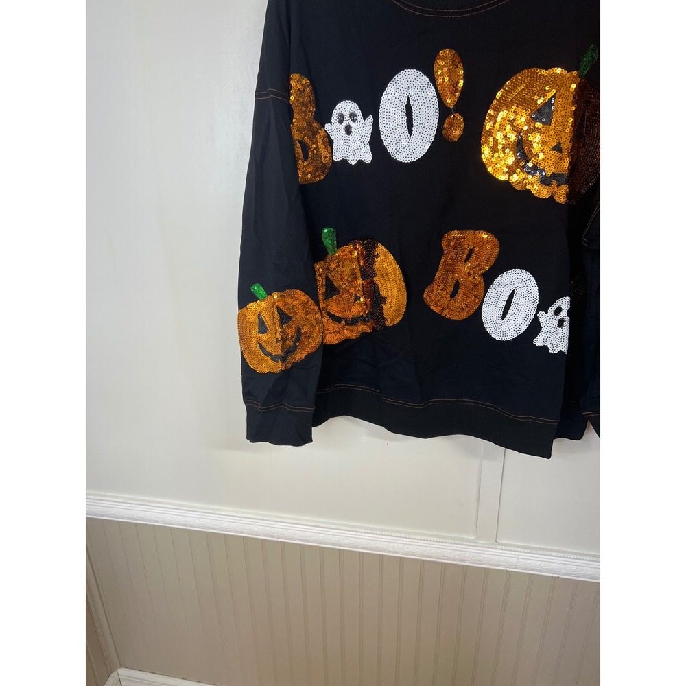 BIBI Womens Halloween Sequin Boo Pumpkin Ghost Sweatshirt Black Large New - Picture 13 of 13